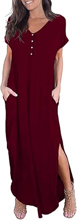 grecerelle women's casual loose pocket long dress short sleeve split maxi dresses