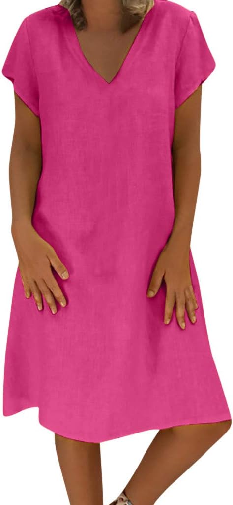 Women Tee Dress Short Sleeve Boho Solid Turn Down Collar Loose Cotton Linen Dresses Ladies Casual Pockets Button Shirt Dress Plus Size Summer Sundress
