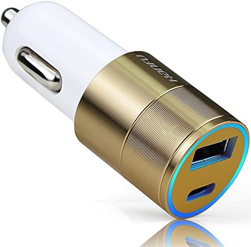 HANFU Type C Car Charger Adapter USB 3.0 Dual Port Fast Charge for Android Nexus 6p 5X LG g5 Samsung Galaxy S6 S7 Edge Universal Apple Metal Blue Ring LED with USB Type-c Cable