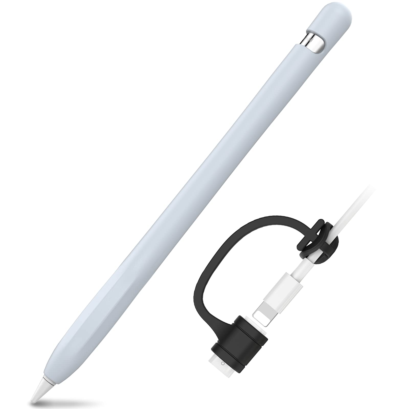 AHASTYLE Silicone Case for Apple Pencil 1st Generation [Added Cable Adapter Tether] Anti-slip Apple Pencil Cover Protective Case Compatible with Apple Pencil 1st Gen (1 Pack, Light Blue)