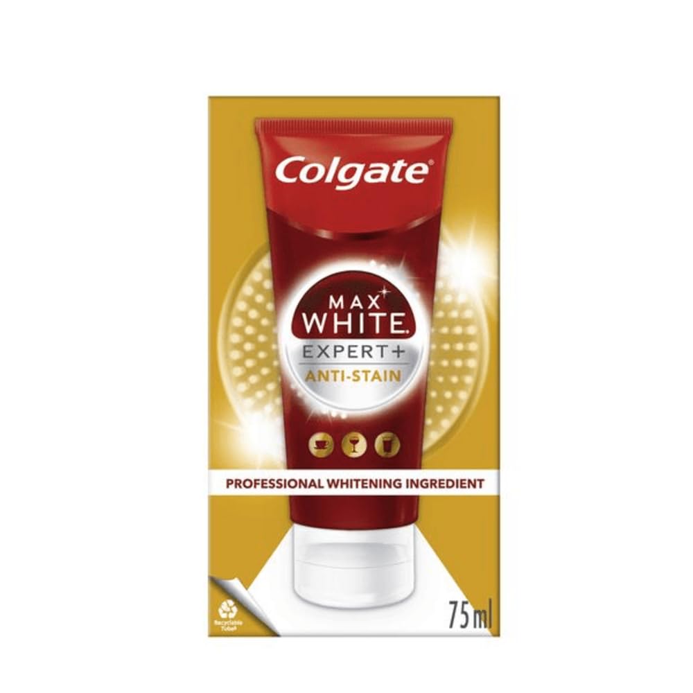 Colgate Max White Expert + Anti-Stain Teeth Whitening Toothpaste 75ml - Advanced Stain Removal Technology - Helps Prevent Future Stains - Enamel Safe for Daily Use