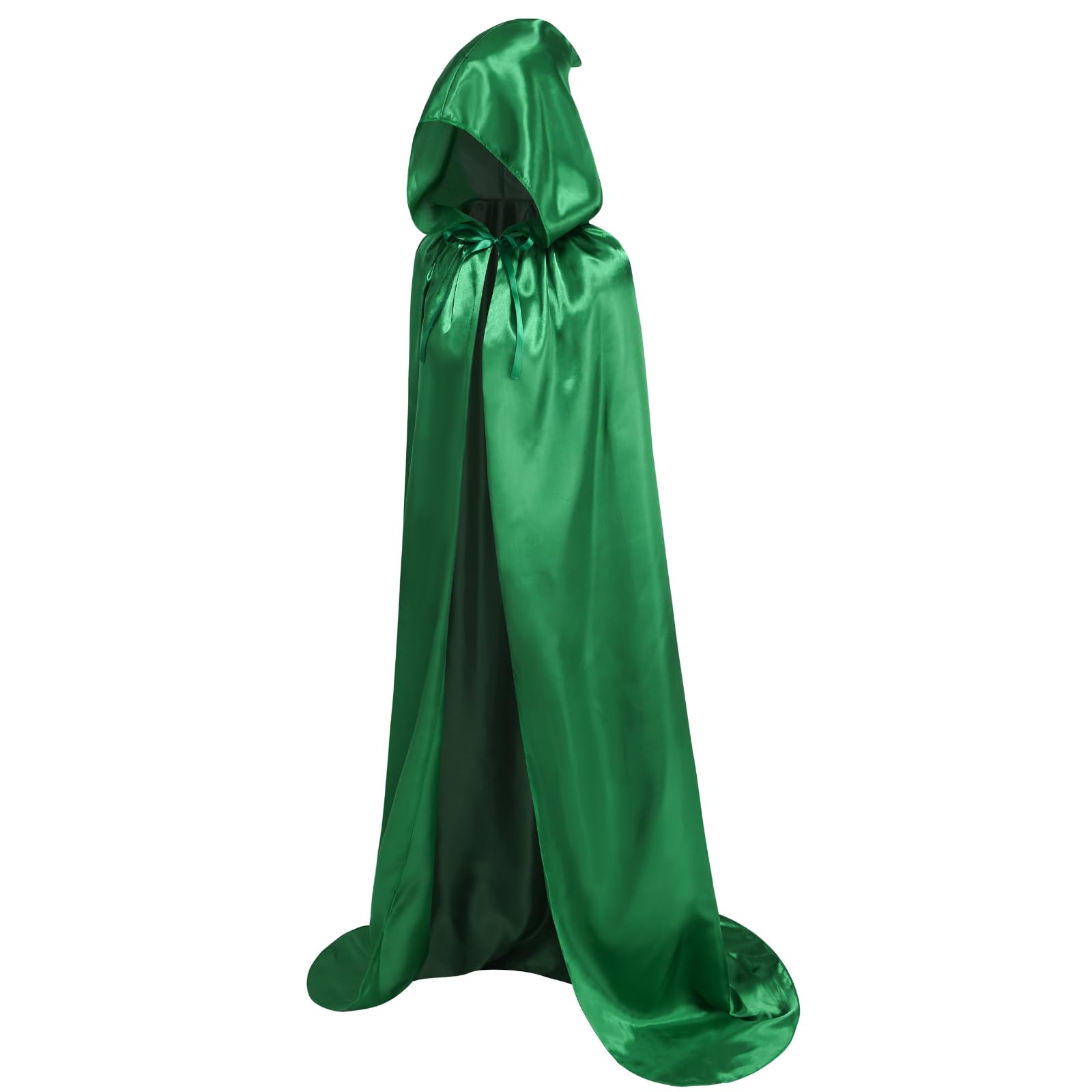 HAPNBCELE Unisex Adults Satin Cape Hooded Cloak, Wizard Fairytale Cosplay Fancy Dress for Halloween Christmas Carnival Party (Bright Green, 130cm/51.18”)