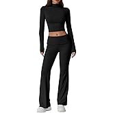 QINSEN Womens 2 Piece Lounge Sets Mock Neck Long Sleeve Tops with Side Ruched Fold Over Flare Pants Comfy Tracksuits