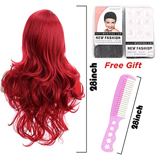 3 otters 28inch Red Wig Long Curly Hair, Red Cosplay Wig For Women, With Wig Cap and Comb