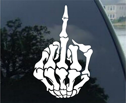 Skull Skeleton Bone Middle Finger Flipping Off Car Decal/Sticker (3", White)