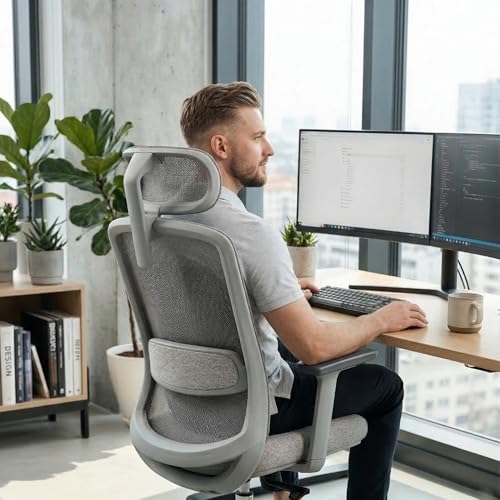 Skyland Ergonomic Office Chair with Mesh Backrest, Soft 3D Armrests, Desk chair with lumbar support, Executive Computer Chair for Home Office (Grey)