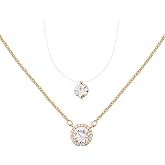 MEIITRUE 925 Sterling Silver Necklace for Women,Dainty Cubic Zirconia Circle Pendant 1/1.25/2 Carat CZ Choker Necklaces Trendy with Invisible Chain Minimalist Solitaire Jewelry Gift