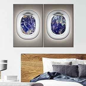 2 Panel Canvas Wall Art - White Plane Window Viewing a City Skyline at Night - Giclee Print Gallery Wrap Modern Home Art Ready to Hang - 16"x24" x 2 Panels