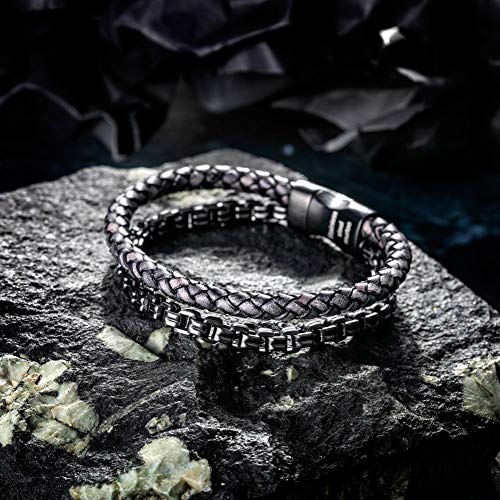 Murtoo Men's Leather And Steel Bracelet - Stainless Steel Chain With Leather, Magnetic Clasp, Adjustable