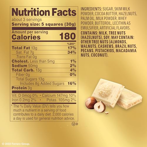 FERRERO ROCHER PREMIUM CHOCOLATE BAR, WHITE CHOCOLATE WITH HAZELNUT FILLING, PERFECT SELF TREAT, 3.1 OZ EACH