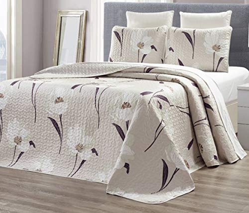 GrandLinen 3-Piece Fine Printed Oversize (100" X 95") Quilt Set Reversible Bedspread Coverlet Queen Size Bed Cover (Taupe, Brown, White Tulip Floral)