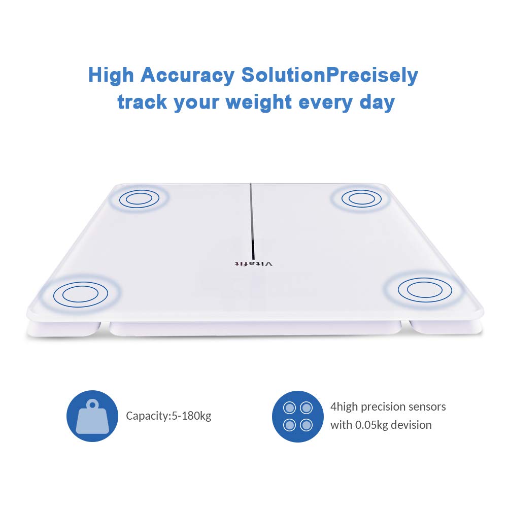 Vitafit Digitale Personenwaage Waage Körperwaage mit Helle LED Anzeige,Hochpräzisions-Sensoren und gehärtetem Weiss Glas,5kg-180kg, Elegante weiß