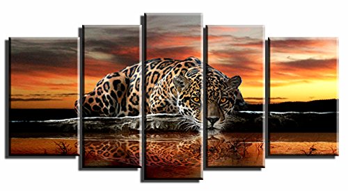 Sunding Art-Modern Decorative Artwork Giclee Oil paintings on Canvas Ready to Hang the Leopard Art Wooden Frame Home Decorations for Living Room 5 Panels