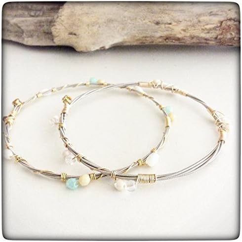 Musically Inspired Wire Wrapped Guitar String Bangle Bracelet Set - Czech Crystal - Mother of Pearl -Moonstone - Collectable - Stackable - Vegan - Eco Friendly - Ready to ship