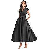 Xuzey Satin Mother of The Groom Dresses for Women Tea Length V Neck A Line Formal Evening Gown with Pockets