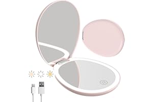 FUNTOUCH Travel Makeup Mirror with Light, Led Small Purse Compact Mirror with Light, Lighted 10X Magnifying Mirror, Cute Mini Light up Cosmetic Mirror, 2-Sided 3 Color Light Pocket Portable Mirror