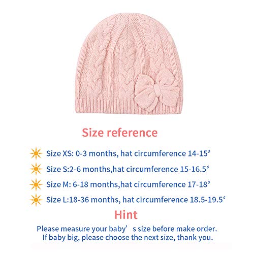 Winter Warm Knitted Baby Hat for Girls Cotton Lined Infant Toddler Girls Hat Autumn Cute Bow Classic Girls Beanie 0-2Y (Pink, XS)