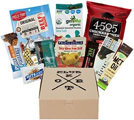 Keto Klub Snack Box with Supplement. Low Carb & Gluten Free Boxed Set. Paleo and Ketogenic Diet Foods for Snacks or Lunch. Supplements, MCT Oil, Butter Nuts Bar, Bison Jerky, Pork Rinds (Snack)