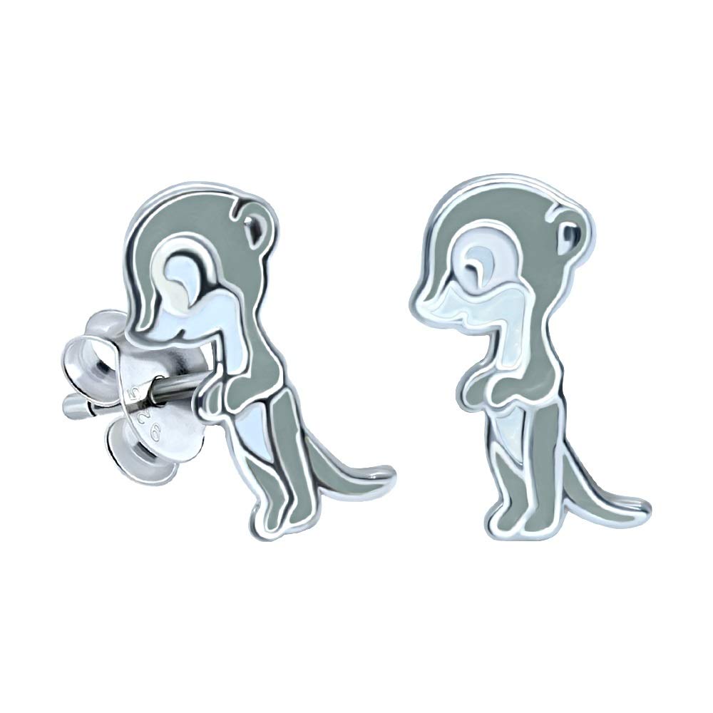 Sterling Silver Grey Meerkat Animal Earrings Gift