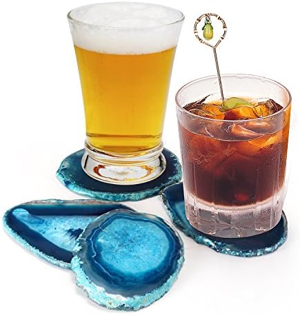 Pantrasamia Agate Coaster Cup Mat Natural Sliced Agate Beverage Coasters for Drinks Gift Set of 4 Plates (3-3.5 Inch, Blue)