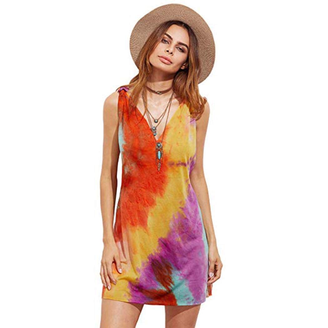 ilonti Women\'s Sleeveless V Neck Dye Printed Casual Backless Dress Dresses