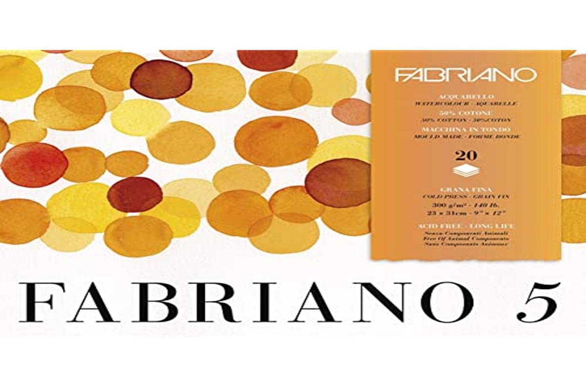 Fabriano Disegno 5" high-Quality Handmade Paper, Watercolour Cardboard, Natural White, fine Grain, 300 g/m², 23 x 21 cm, 20 Sheets, pad glued on 4 Sides, Chlorine and Acid Free, Acrylic