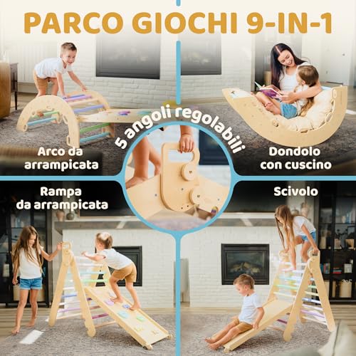 Duanico® 9in1 Montessori Large Triangle 1-7+ Years - 5 Adjustable Angles - Wooden Gym Set with Montessori Arch and Climbing Ramp for Kids Outdoor and Indoor