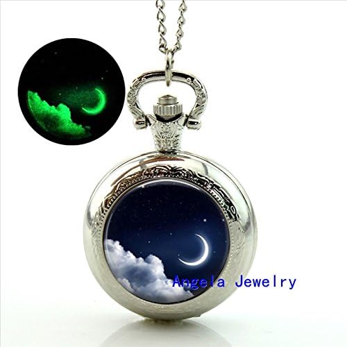 Pretty Lee Fashion Crescent Moon Glowing Pocket Watch Necklace Crescent Moon Jewelry Glow Pocket Watch