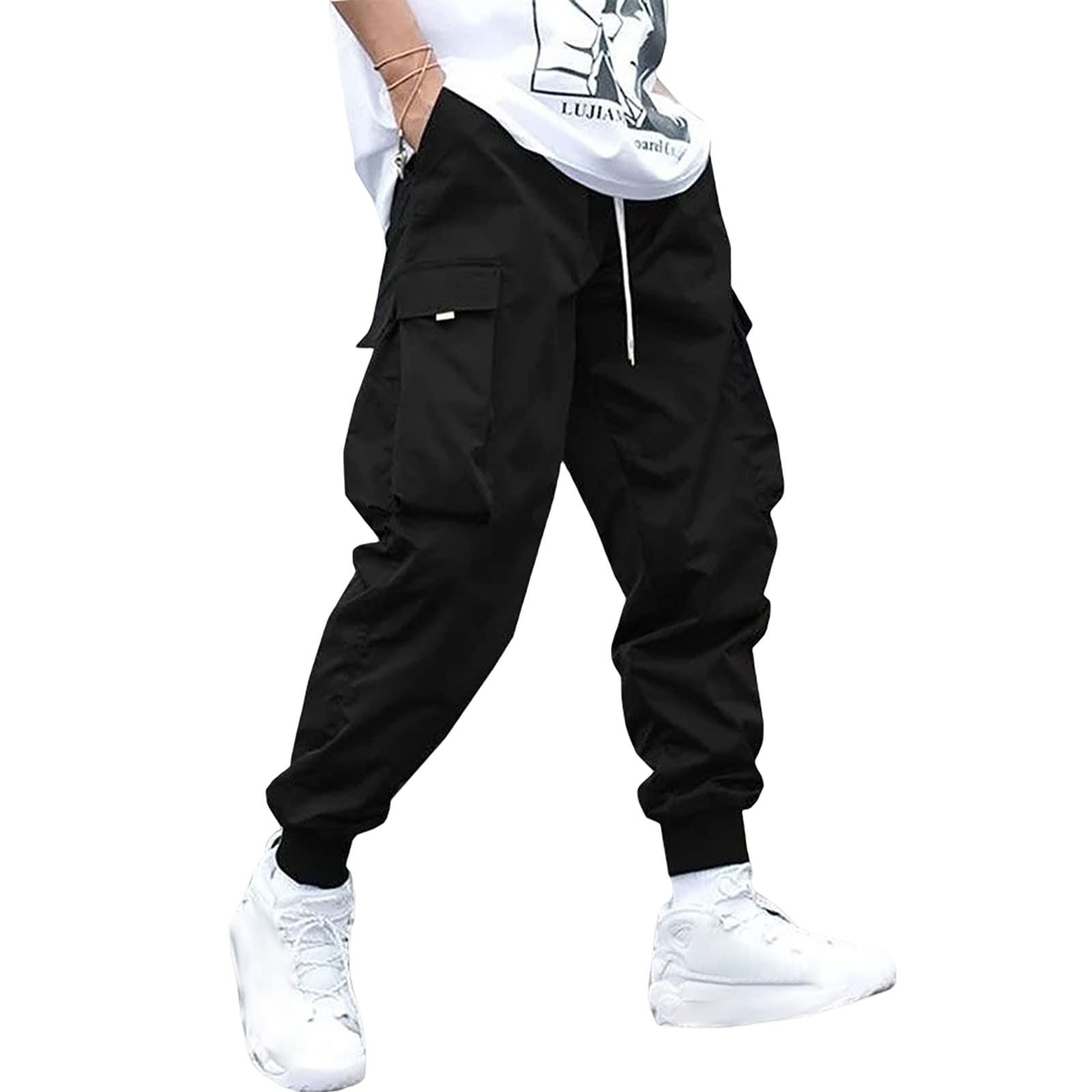 Photo 1 of ZAFUL Men's Drawstring Techwear Cargo Pants with Flap Pockets - Athletic and Elastic Joggers, Casual Trousers and Sweatpants (Black, XXL).