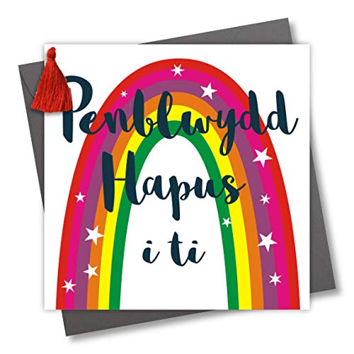 Claire Giles Greeting Cards, Welsh Happy Birthday Card, Penblwydd Hapus, Rainbow Design Greeting Card, Embellished with a Colourful Tassel