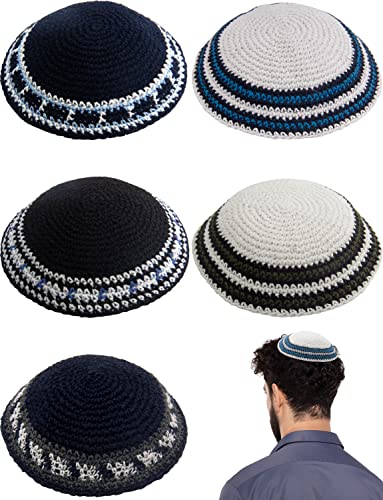 HolYudaica Pack of 5-Pcs - Hq Mix Colors Handmade Knitted Kippah for Men Boys and Kids, Yamaka Hat from Israel - Kippot Bulk (White Black Blue)
