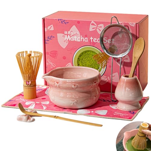 Juego de 8 Batidor de Matcha, Kit Matcha con Tazón Cerámica, Soporte Cerámica, Batidor, Cuchara, Colador, Cucharilla, Porta Cuchara y Paño de Cocina para Hacer Japonés Té Verde Ceremonia Regalo (Rosa)