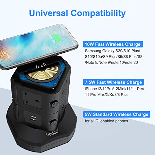 bedee Tower Extension Lead with Surge Protection, Multi Plug Power Extension Tower with 4 USB Slots, 6 Sockets & Wireless Charger, Vertical Power Strip with 2 Metre Cord & Individual Switches, Black
