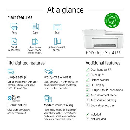 HP DeskJet Plus 4155 Wireless All-in-One Printer - Compact Inkjet Printer with Mobile Printing, Scanner, Copier, Bluetooth, Home Office & WiFi Compatible - 3XV13A (Renewed)