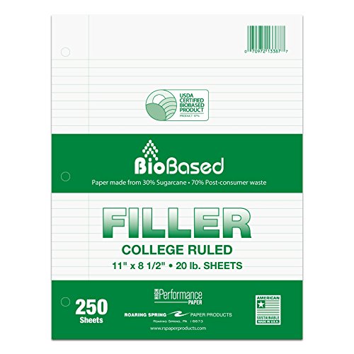 Case of 12 Packs of Biobase Filler Paper, 8.5"x11", 250 Sheets Per Package of 20# White Paper 3-Hole Punched, College Ruled W/Margin