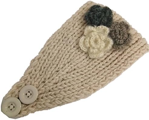Women Knit Flower Headband Ear Warmer Button Crochet Head Wrap-Beige