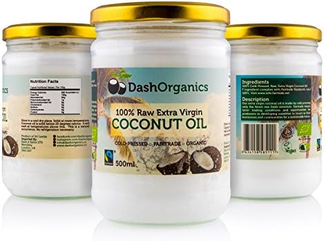 Dash Organics Fairtrade-Certified 100% Organic Extra-Virgin Cold-Pressed Raw Coconut Oil - Large 500ml Jar for Cooking/Weight Loss/Oil-Pulling/Beauty Treatments & Hair Masks