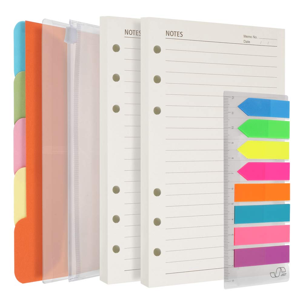 Photo 1 of A6 Refill Paper, 2 Pack 200 Lined Pages, 5 Colored Binder Dividers, 160 PCS Sticky Index Tabs with Ruler, 2 PCS Binder Pockets for Refillable Journal Notebook Planner Organizer