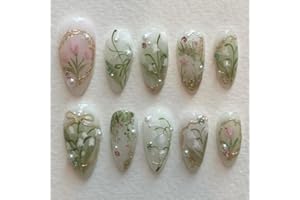 XZMeiLun 3D Handmade Spring & Summer Green Press On Nails Almond Medium 24 Pcs, Water Lily Designer Reusable Acrylic Fake Nails with Glue, Wedding and Party, Daily wear Nails fro Women Gift