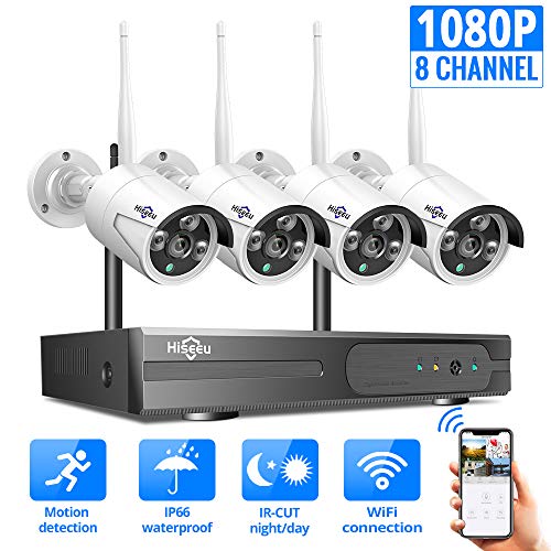 [8CH Expandable]Hiseeu Wireless Security Camera System With One-Way Audio,HD Video Security System 4Pcs 1080P 2.0MP IP Security Cameras Wireless Indoor/Outdoor IR Bullet IP Camera WiFi, No Hard Drive