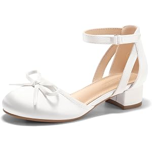 Coutgo Girls Dress Shoes Bow Closed Toe Low Heels Wedding Flower Girl Shoes | Ankle Strap Pumps, Hook and Loop, 1.1-Inch Chun
