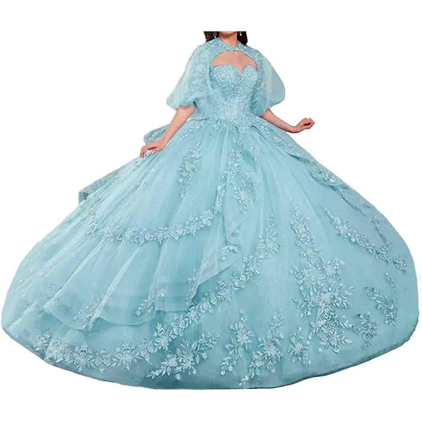 Amazon.com: Long Sweetheart Quinceanera Dresses for Women Strapless Corset  with Floral Appliques Beaded Tulle Prom Dress Aqua Blue US2 : Clothing,  Shoes & Jewelry