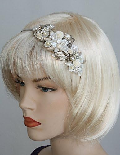Bridal hair Piece Silver Flowers leafs Pearls crystals vintage headband Tiara leafs flowers Wedding flowers Head piece pearls rhinestones