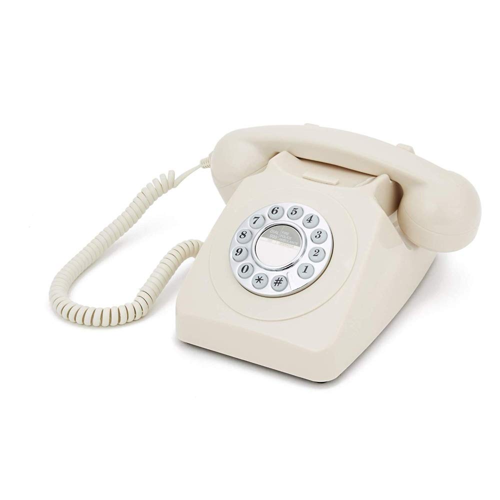 GPO 746 Push-Button 1970s-style Retro Landline Phone - Curly Cord Authentic Bell Ring - Ivory