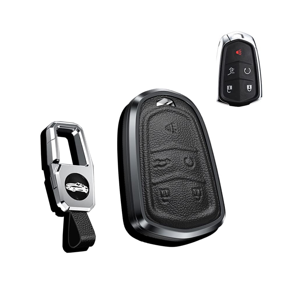 HIBEYO Key Case Fits Cadillac Protective Case Car Key Cover Leather for Escalade ESV ATS XT5 XTS ATSL CT6 Cts SRX Remote Control Key Housing Aluminium Alloy 5 Buttons Black