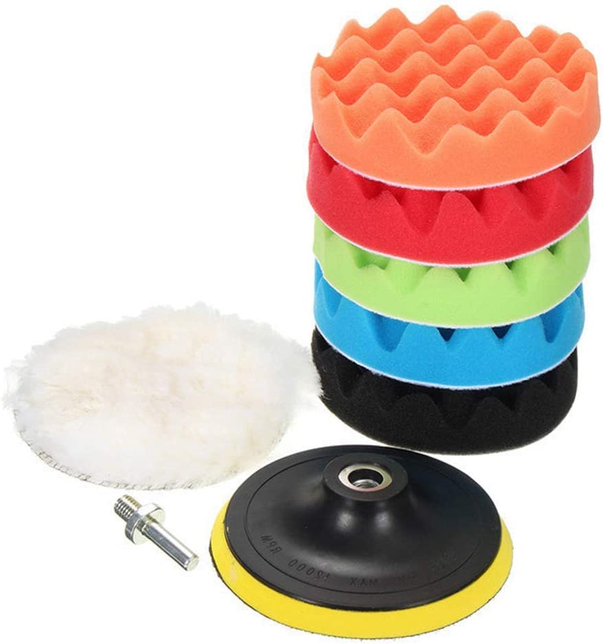 7Pcs 5/6/7" Sponge Polishing Waxing Buffing Pads Kit Set Compound Auto Car Polisher + M14 Drill Adapter Kit (6")