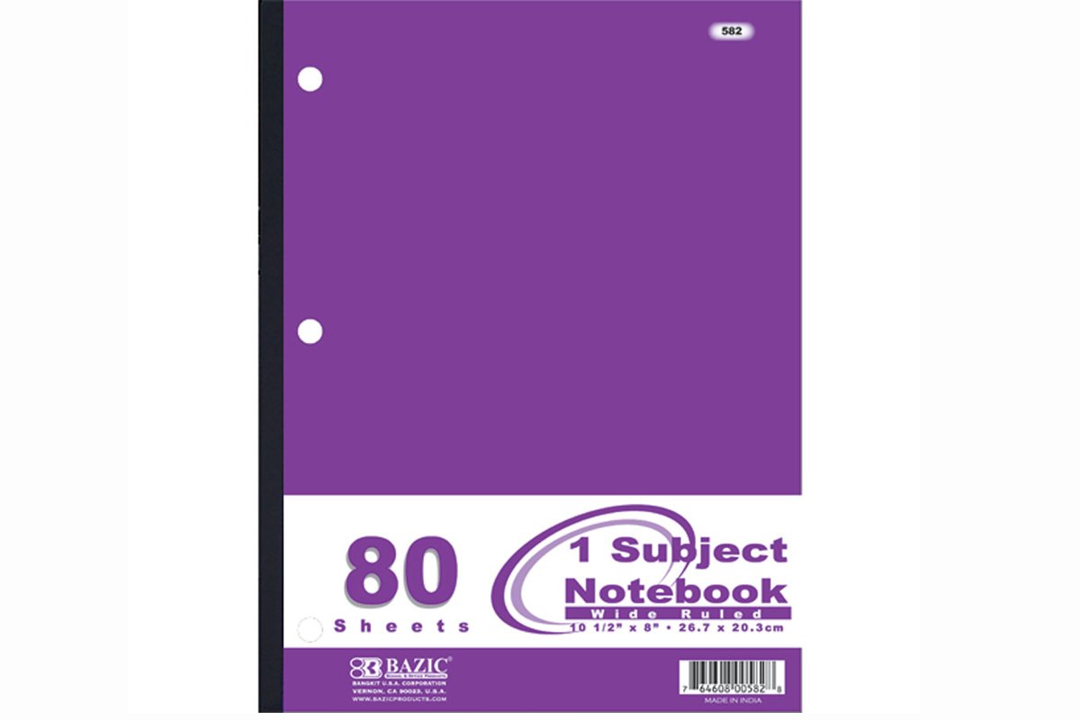 Photo 1 of BAZIC Notebook Wide Ruled 1 Subject 80 Sheets Wireless Notebooks, 3 Punched Holes Lined Composition Book, Assorted Color, 1 Unit Random Color Will BE Sent