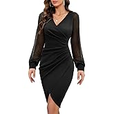 ihot Women's 2026 Sexy V Neck Mesh Long Sleeve Faux Wrap Ruched Sheath Bodycon Party Cocktail Work Dress