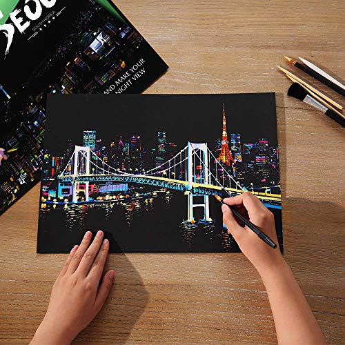 MUGIT Scratch & Sketch Art Paper(16"x 11.2") for Kids & Adults, Rainbow Painting Night View Scratchboard, Painting Gift, Craft Kits : 2 Sheets Scratch Cards & Drawing Pen, Clean Brush (Tokyo & Seoul) - Thumbnail 4