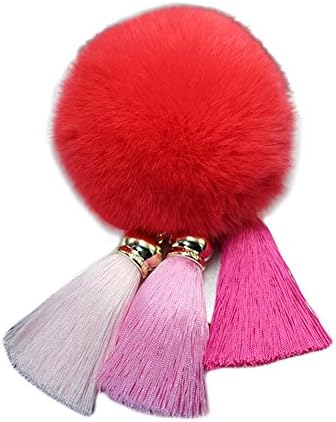 Rabbit Fur Pom Pom Keychain with Rainbow Tassel Keychain